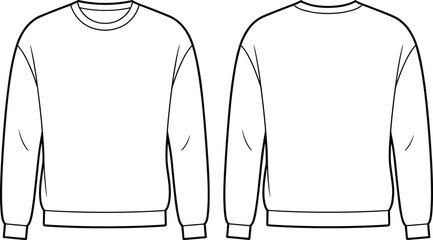 Flat vector CAD drawing of classic long sleeve crew neck sweatshirt, front and back view, casual unisex fashion sketch design