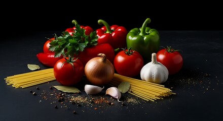 Fresh ingredients for italian cooking on a dark background