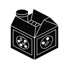 A stylized black and white illustration of a carton with a container