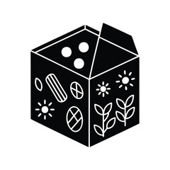 Black and white illustration of patterned box with top partially open