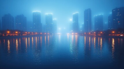 Obraz premium A foggy cityscape with illuminated buildings reflecting on a calm river at night.
