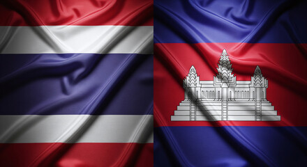 Thailand flag left and Cambodia flag right, both in realistic high-detail fabric texture covering full frame, with dramatic lighting and symbolic tone JPG