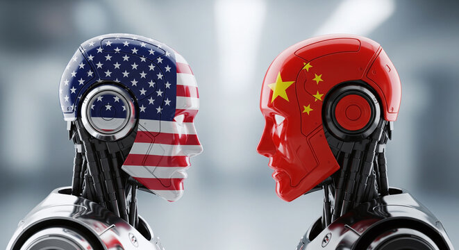 Minimalist design close up of two robots facing each other with USA and China flag textures, tech style blurred background symbolizing AI rivalry JPG