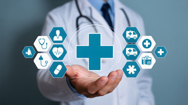 Doctor presents digital medical icons, healthcare innovation concept