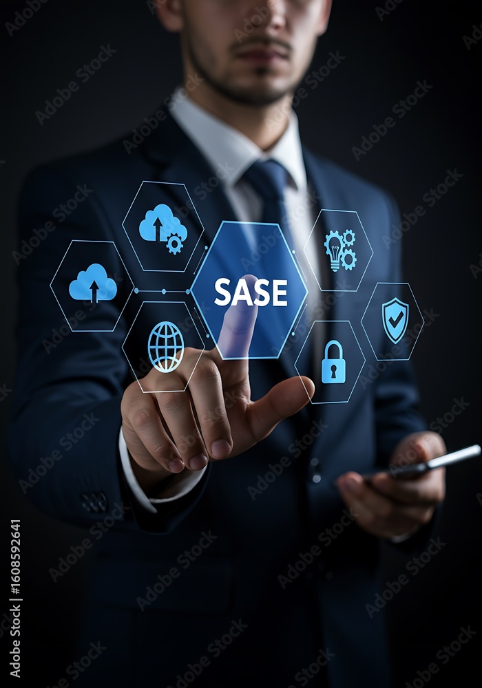 Poster businessman selecting sase secure access service edge icon representing network cloud security conce
