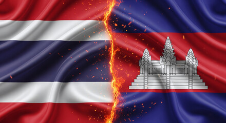 Split canvas with Thailand and Cambodia flags fully covering each side, burning crack in the center, fire particles floating in air, dramatic scene JPG