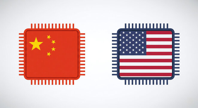 Clean flat style design with two large microchip icons, left filled with China flag, right with USA flag, white background, tech rivalry concept JPG - Powered by Adobe