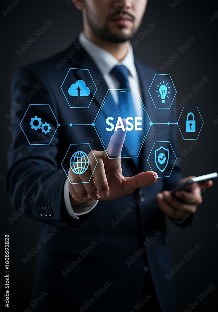 Poster businessman interacts with futuristic sase interface representing secure access service edge technol