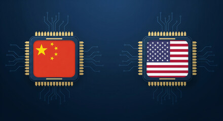 Vector-style illustration: two AI microchips with USA and China flags, connected by wire, dark minimal tech background, symbolizing AI power conflict, 16:9