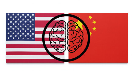 USA and China flags stretched across full canvas with centered neurolink-style brain icon inside bold circle, clean composition, realistic texture JPG