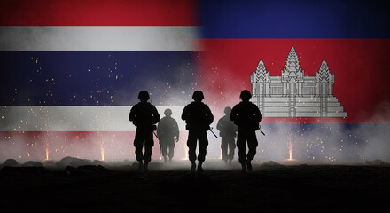 Black soldier silhouettes walking forward on dark battlefield, with split Thailand and Cambodia flags as full backdrop, glowing sparks and smoke fill air JPG