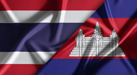 Thailand flag left and Cambodia flag right, both in realistic high-detail fabric texture covering full frame, with dramatic lighting and symbolic tone JPG