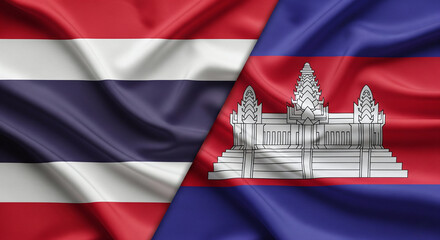 Thailand flag left and Cambodia flag right, both in realistic high-detail fabric texture covering full frame, with dramatic lighting and symbolic tone JPG