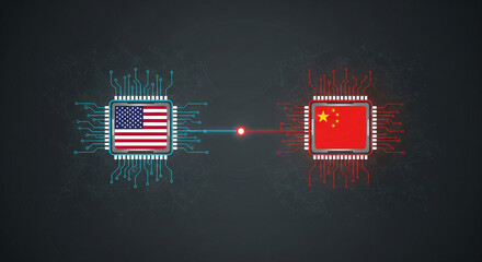 Vector-style illustration: two AI microchips with USA and China flags, connected by wire, dark minimal tech background, symbolizing AI power conflict, 16:9