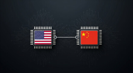 Vector-style illustration: two AI microchips with USA and China flags, connected by wire, dark minimal tech background, symbolizing AI power conflict, 16:9