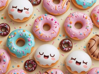 A delightful assortment of cute kawaii donuts with pink and white frosting and colorful sprinkles. A sweet, sugary dessert pastry background