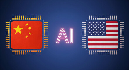 Flat design style with two large AI microchip icons, China flag on left chip, USA flag on right chip, glowing AI text in center, tech theme JPG