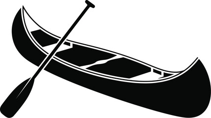 A black and white illustration of a canoe with a paddle crossing it on a white background image view