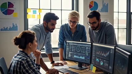 Diverse team collaborating on data visualization screens - Powered by Adobe