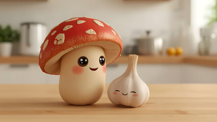 A cheerful mushroom and garlic, rendered in a charming, heartwarming style, bring an element of whimsy and joy to a modern kitchen setting.