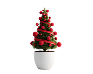 Small Tabletop Christmas Tree with Mini Ornaments and Red Ribbon, Transparent PNG.png