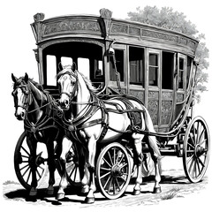 Two horses pulling an ornate stagecoach drawing