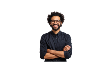 Smiling young man with glasses and crossed arms isolated on transparent background