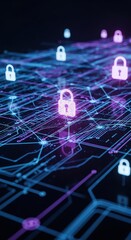 Digital network with glowing padlocks representing security and data protection.