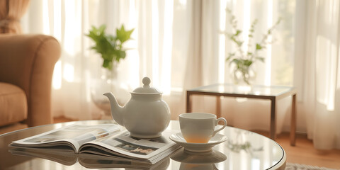 Fototapeta premium A white teapot and a cup of tea rest on a glass table beside a magazine in a warmly lit living room. Soft sunlight filters through sheer curtains, enhancing the inviting atmosphere