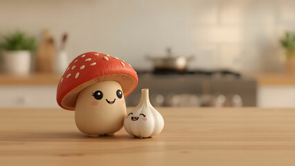 In a cozy kitchen setting, a charming mushroom and a friendly garlic clove stand side-by-side on a wooden counter, radiating smiles. The scene exudes warmth and whimsical delight.