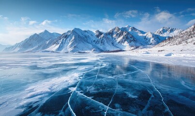 Frozen lake reflecting snowy mountains (1)