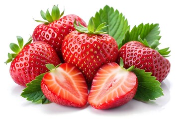 Fresh Strawberries with Leaves and a Half on White Background