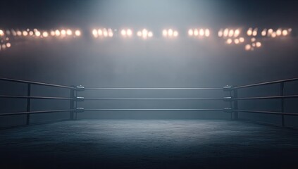 Empty boxing ring under stadium lights