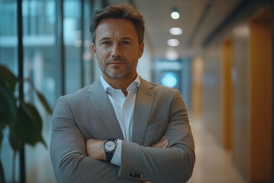 Handsome businessman standing in a modern office hallway, checking the time on his smartwatch, representing a balanced and professional lifestyle, Generative AI - Powered by Adobe