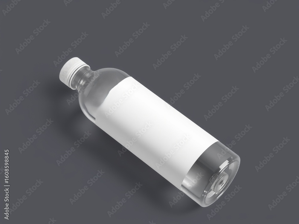 Poster clear plastic bottle with white cap and label lying on a gray surface in a studio setting angled vie