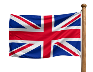  Vintage Style Union Jack Flag with Faded Texture on Wooden Pole, Isolated on Transparent Background