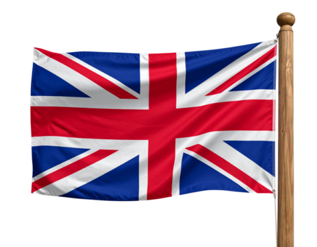  Vintage Style Union Jack Flag with Faded Texture on Wooden Pole, Isolated on Transparent Background
