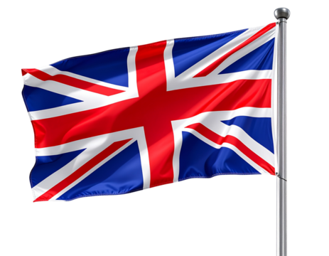 UK Flag in Motion, Side Angle with Dynamic Flow and Shadow, Transparent PNG