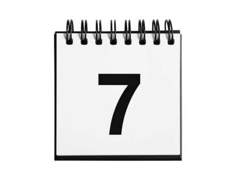  Top-Down View of Minimalist Desk Calendar with Number 7 in Black, Transparent PNG