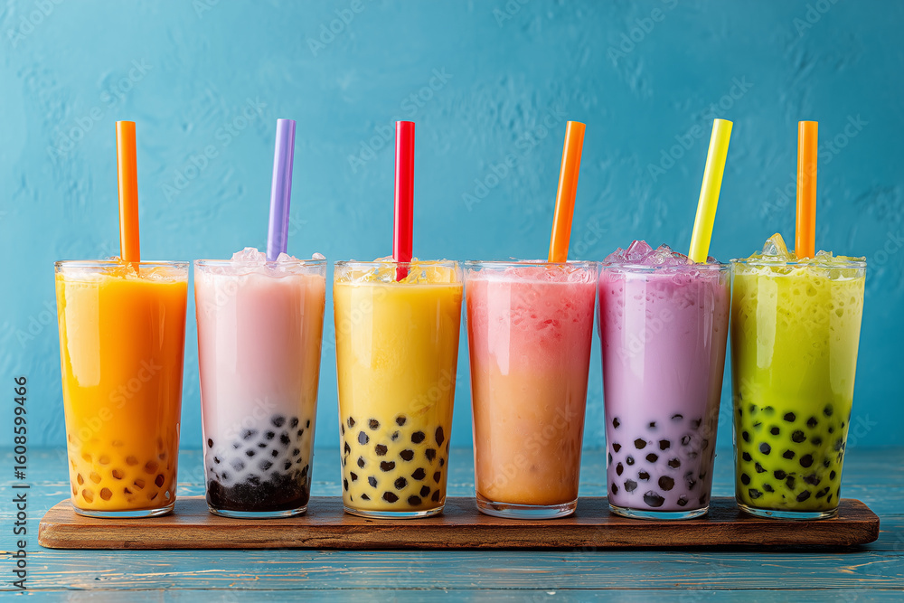 Poster a row of colorful drinks with straws in them