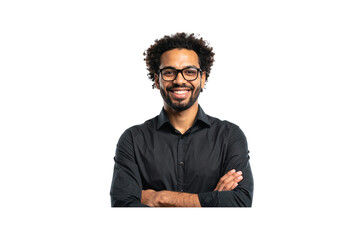 Smiling young african american man with glasses and arms crossed isolated on transparent background