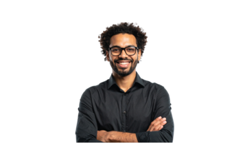 Smiling young african american man with glasses and arms crossed isolated on transparent background