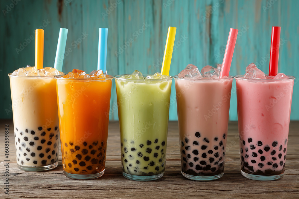 Poster a row of colorful drinks with straws in them