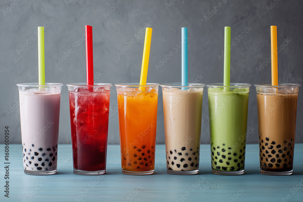 Poster a row of colorful drinks with straws in them