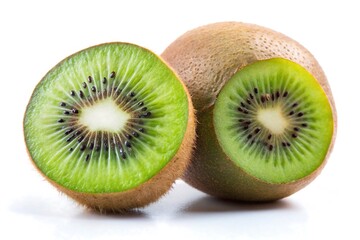 Fototapeta premium Fresh Kiwi Fruit Slices and Whole Fruit on White Background