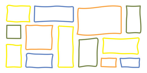 Colorful wavy squares and rectangles frames. Hand drawn doodle frames set with grain texture. Bold outline grunge rectangle shapes, empty speech bubbles, text boxes. Vector design element.