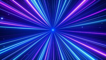 Abstract cosmic rays converge at a bright center, radiating outward in vibrant blue and purple hues