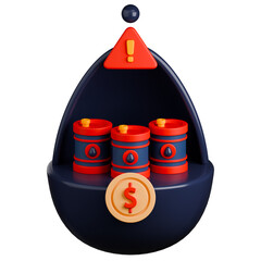 Oil price crisis 3d illustration. Oil drop containing three oil barrels, with a warning symbol on top and a dollar coin in front.