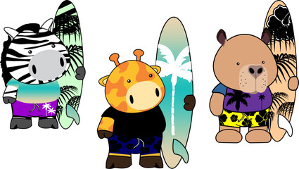 chibi surfer animals character cartoon summer pack collection in vector format