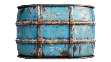 Weathered industrial blue metal barrel with rust stains isolated on white background